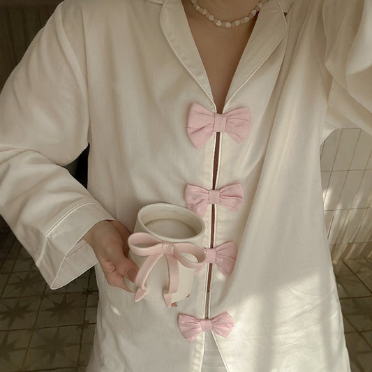 Bow Polo Collar Solid Color Long-sleeved Trousers Two-piece Pajamas Homewear