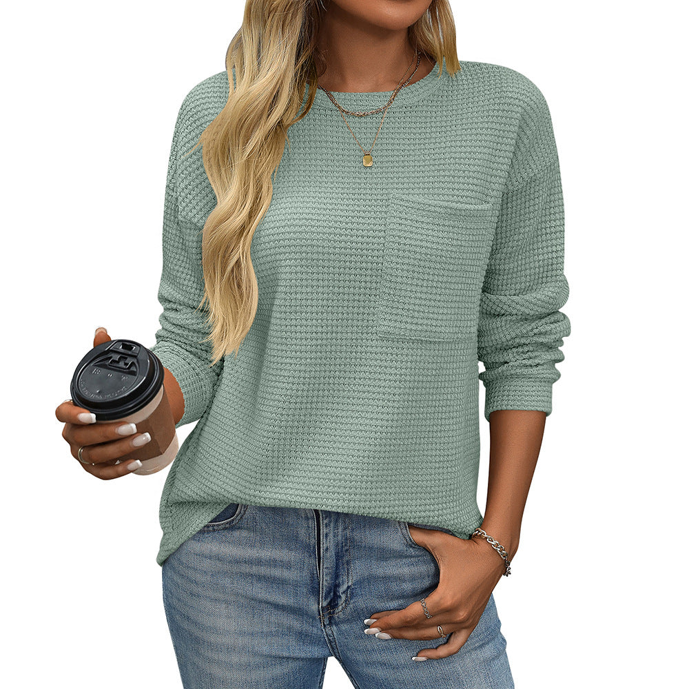 Women's Waffle Round Neck Pocket Loose T-shirt