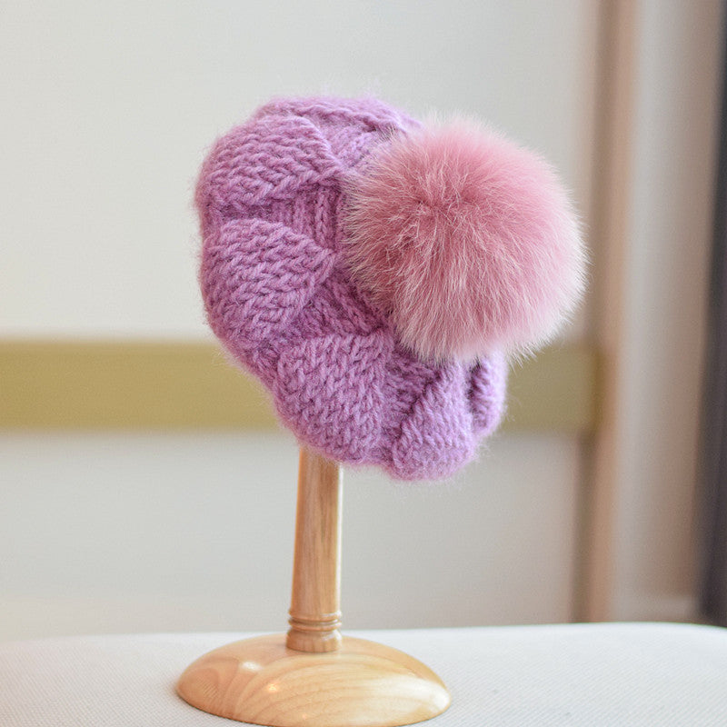 Knitted Fox Velvet Woolen Cap For Women
