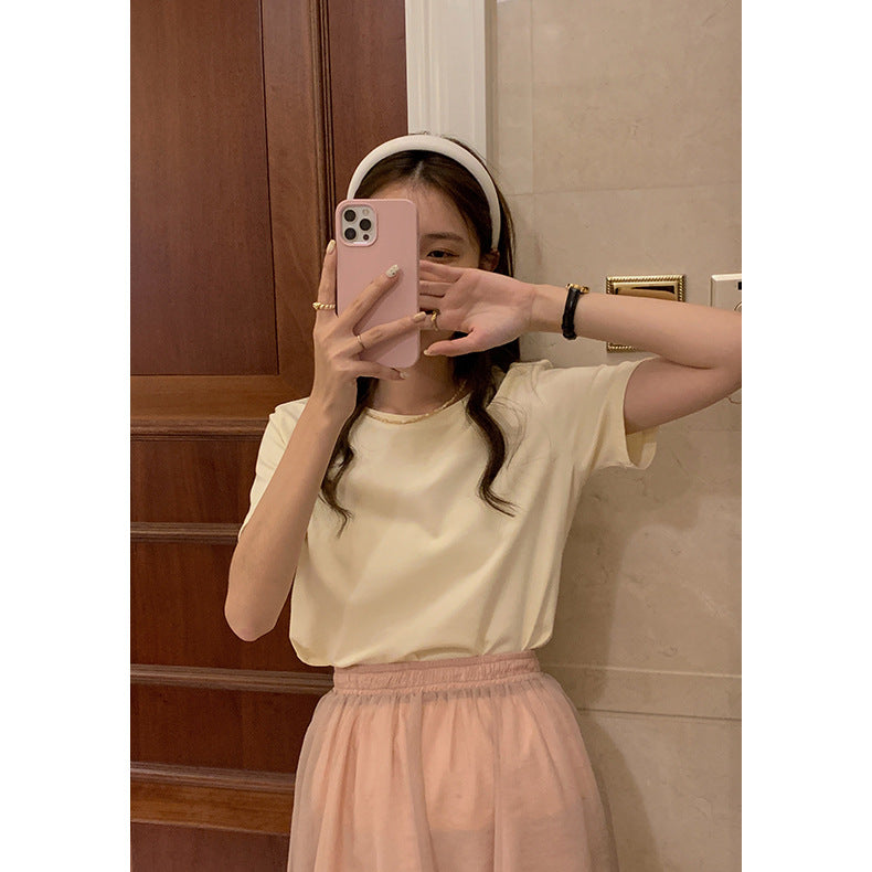 Women's Solid Color Round Neck Loose And Slim Short Sleeve T-shirt