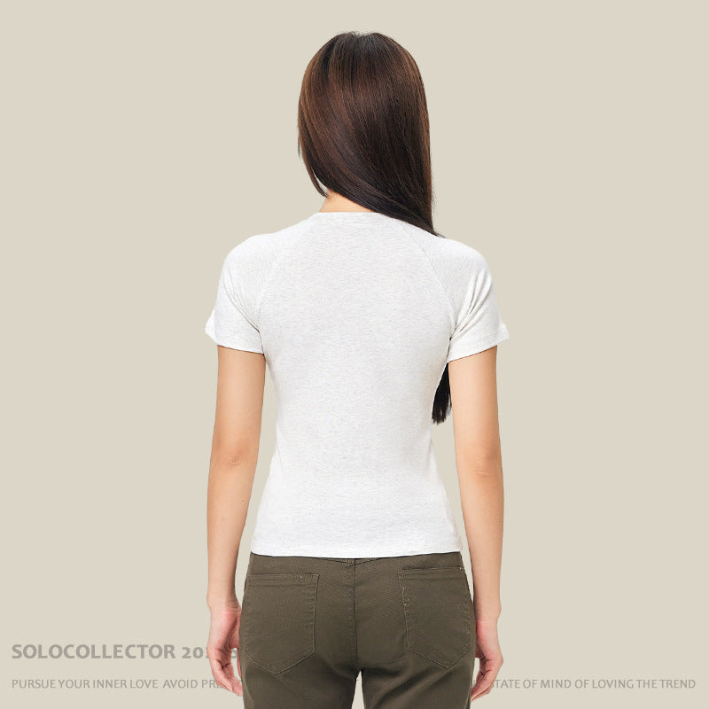 Round Neck Raglan Sleeves T-shirt Female Hot Girl Solid Color Top American Style