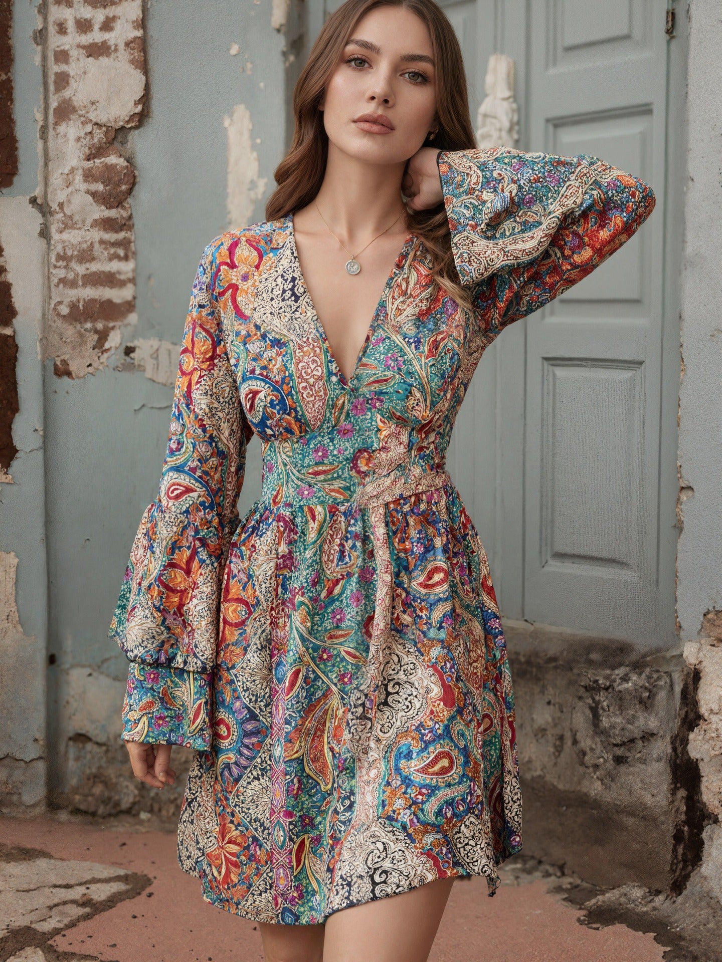 New Bohemian-style Fashion Casual Printed V-neck Womens Dress