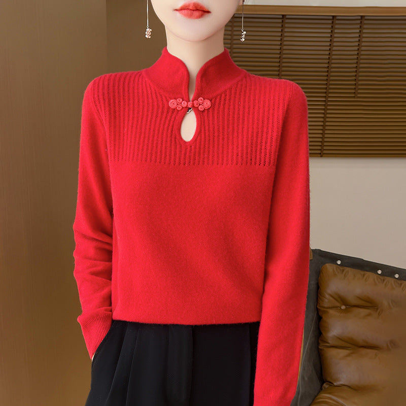 Chinese Style Retro Buckle Stand Collar Sweater For Women
