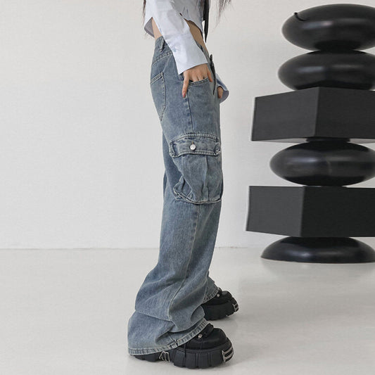 Worn Blue Loose Draping Straight Tube Mop Pants