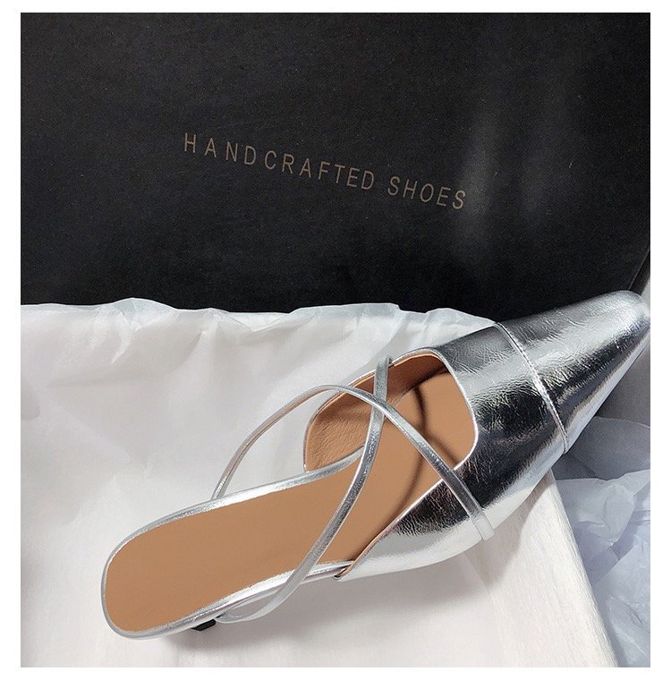 Women's Silver Closed Toe Mule Slides 2025 Summer New British Style Chunky Heel Lazy Slip-on Sandals