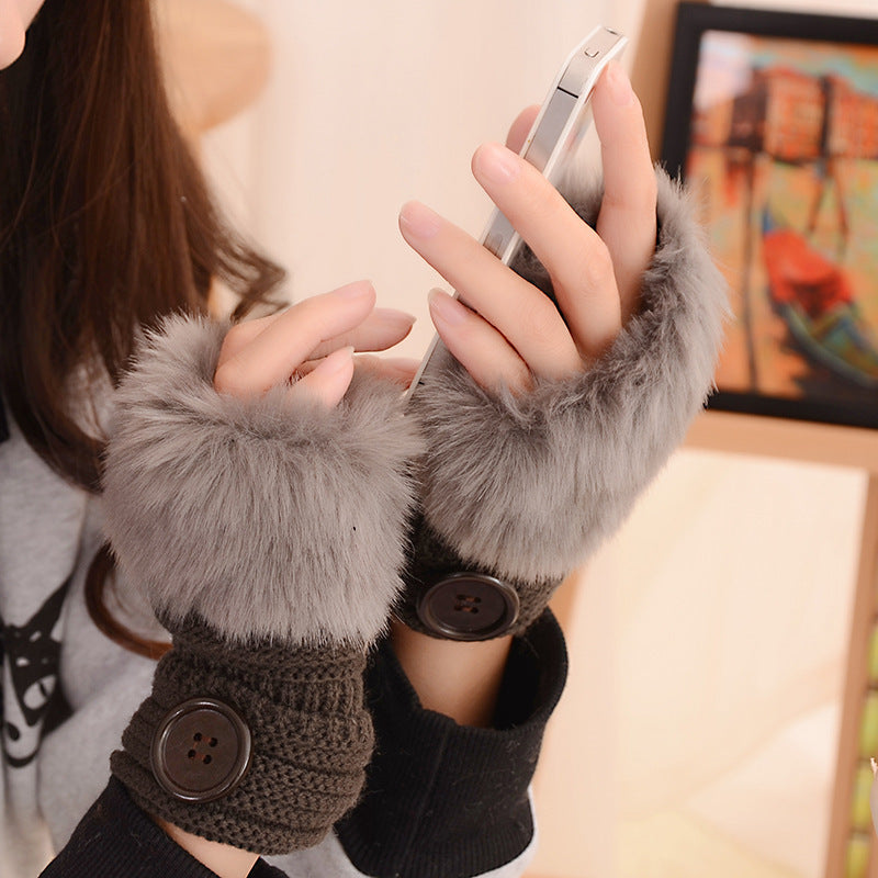 Women's Warm Solid Color Button Half-finger Gloves