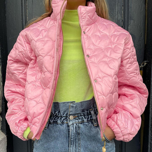 Women's Winter Solid Color Stand Collar Long-sleeve T-shirt Fashionable Warm Cotton-padded Coat