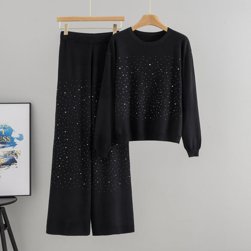 Starry Hot-Stone Round-Neck Pullover Knit Set