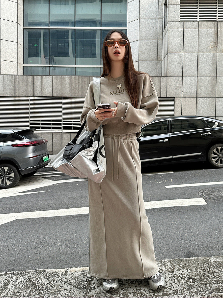 Thickened Fleece-lined Sunken Stripe Half-length Straight Slim-fit Slimming Solid Color Mid-length Dress