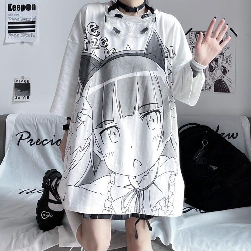 Japanese Anime Print Loose White Short Sleeve Top