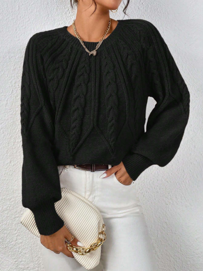 Round Neck Knitted Sweater Female Twist Thread Solid Color Versatile Casual Top