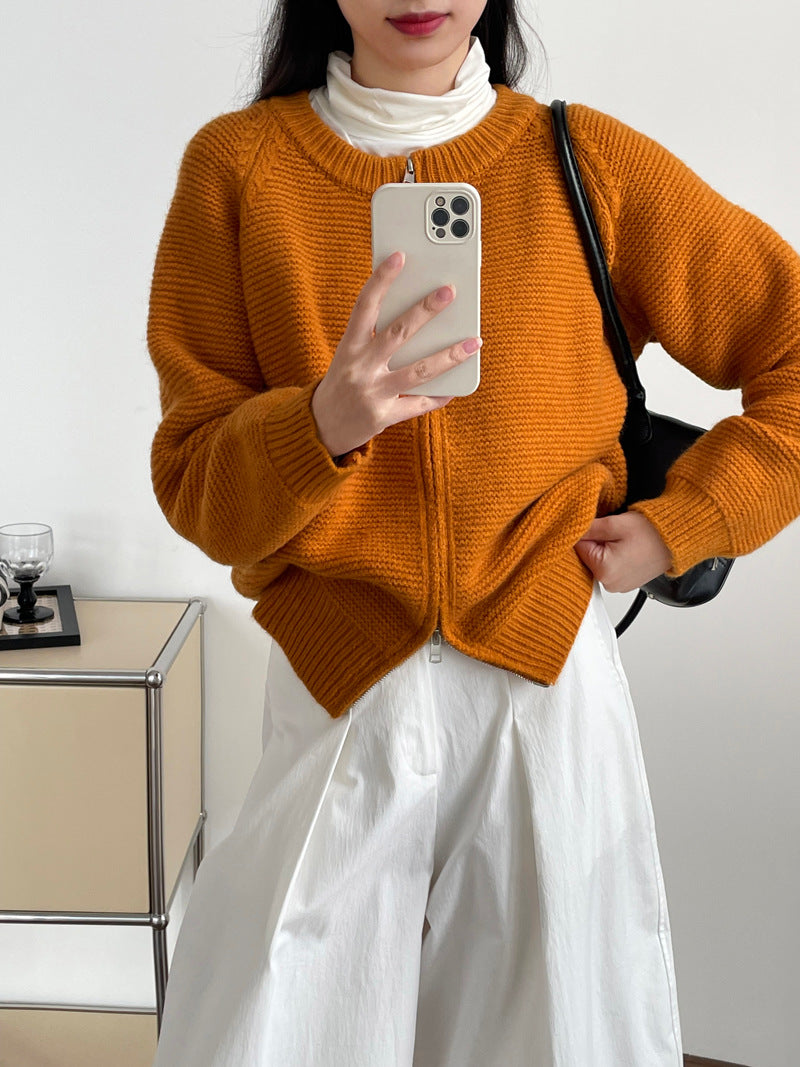 Sweater Double Zipper Sweater For Women Loose And Lazy Style Crew Neck Coat