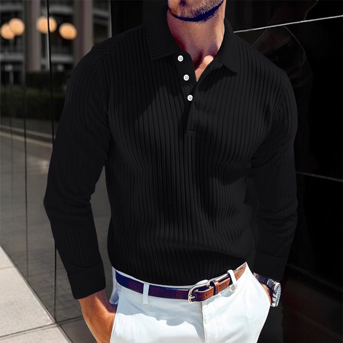 Men's Polo T-shirt With A Turn-down Collar Spring Summer Business Buttoned Long-sleeve Sports Retro Style Striped Polo Shirt For Daily Wear