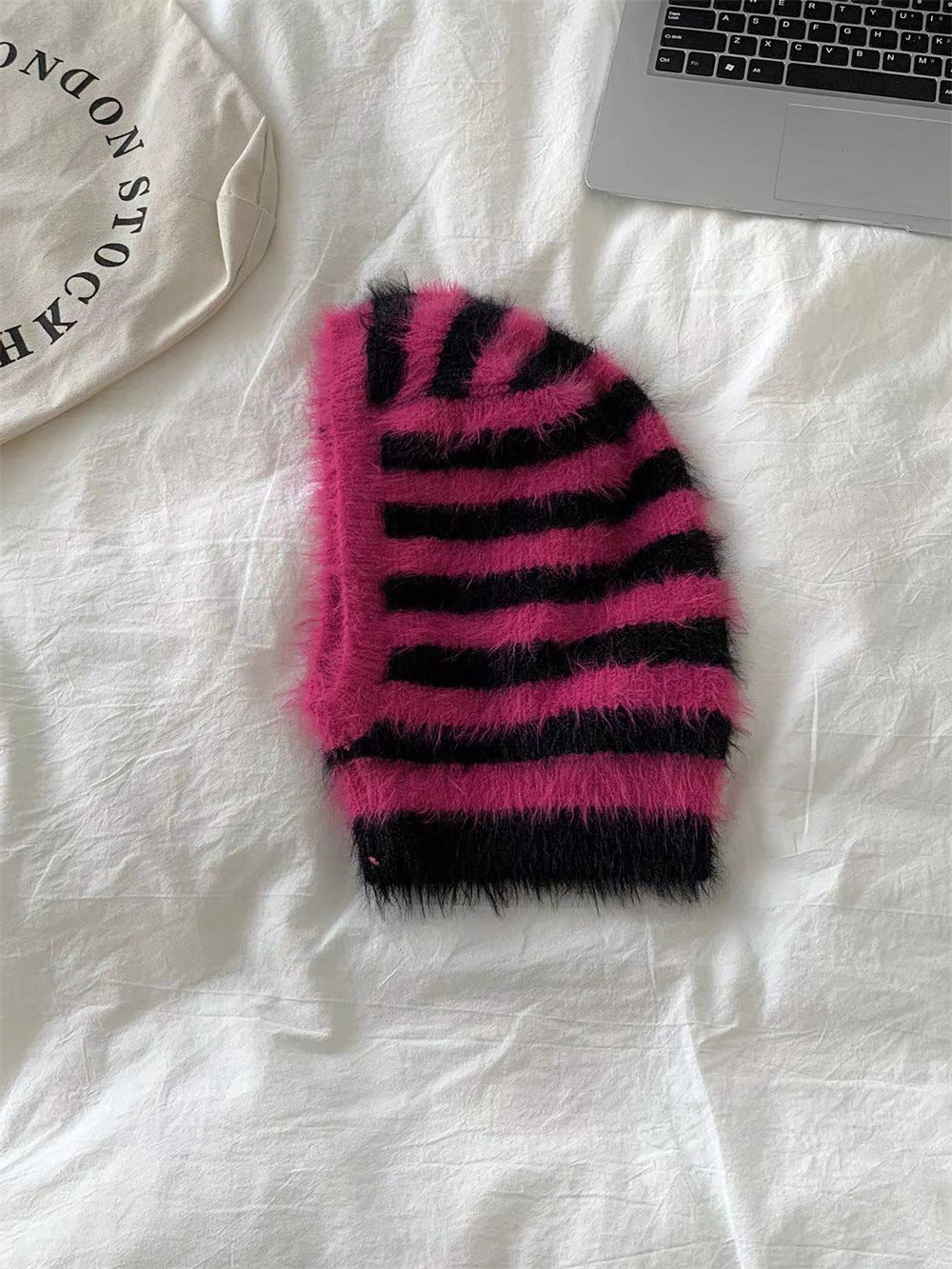 Striped Furry Contrast Color Knitted Woolen Cap