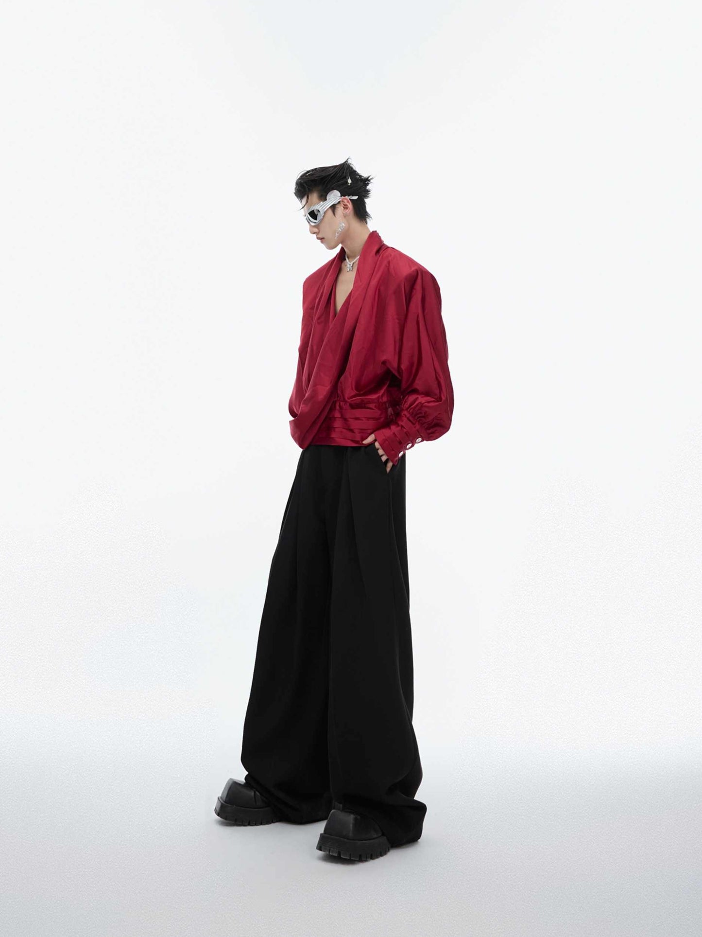 V-neck Padded Shoulder Shirt Loose Cardigan Top