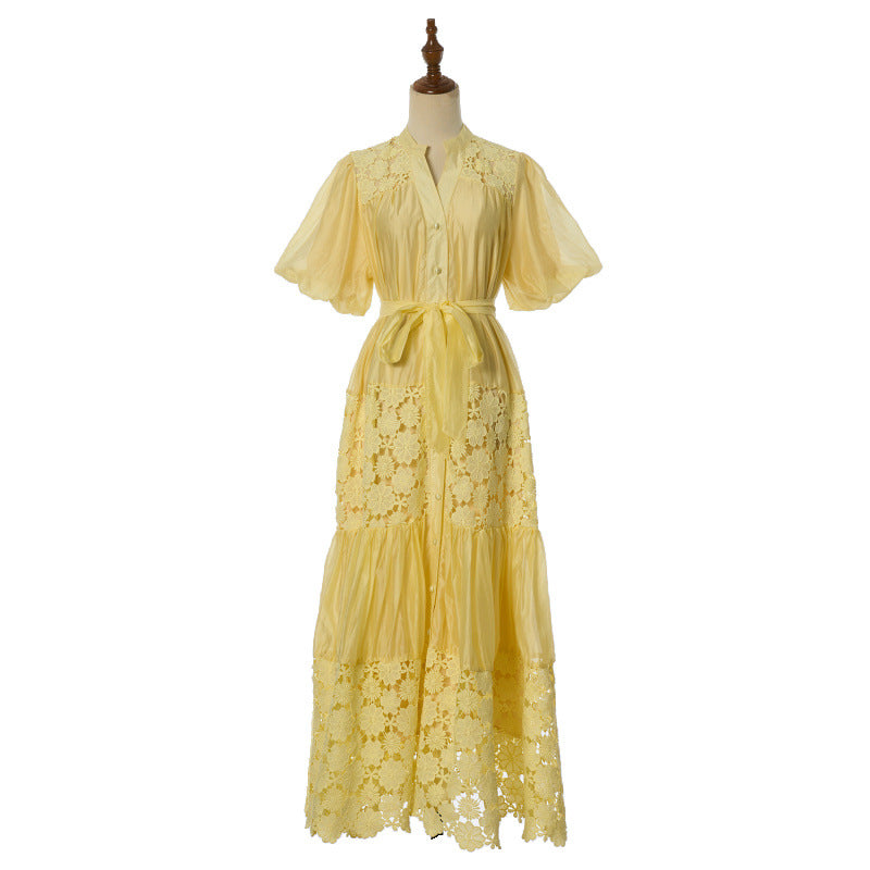 Female Strap Lace Splicing V-neck Bubble Sleeve Dress