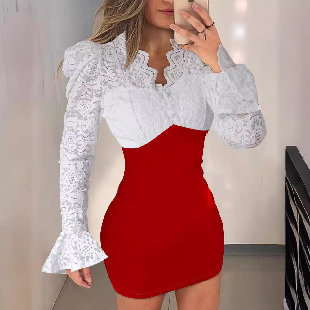 New Arrival Fitted V-Neck Lace-Patchwork Wrap Dress