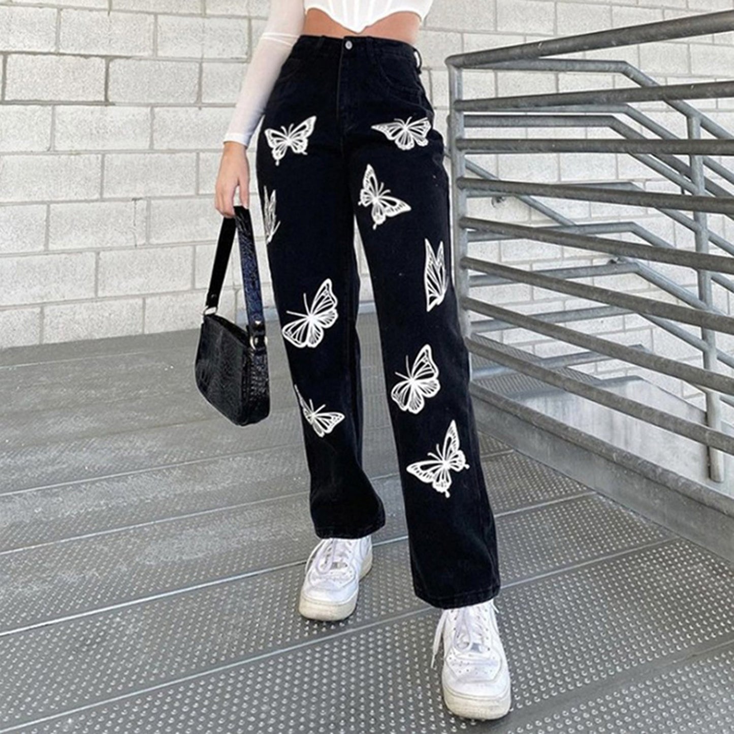 Women's Jeans New Butterfly Hot Flower Wide Leg Pants