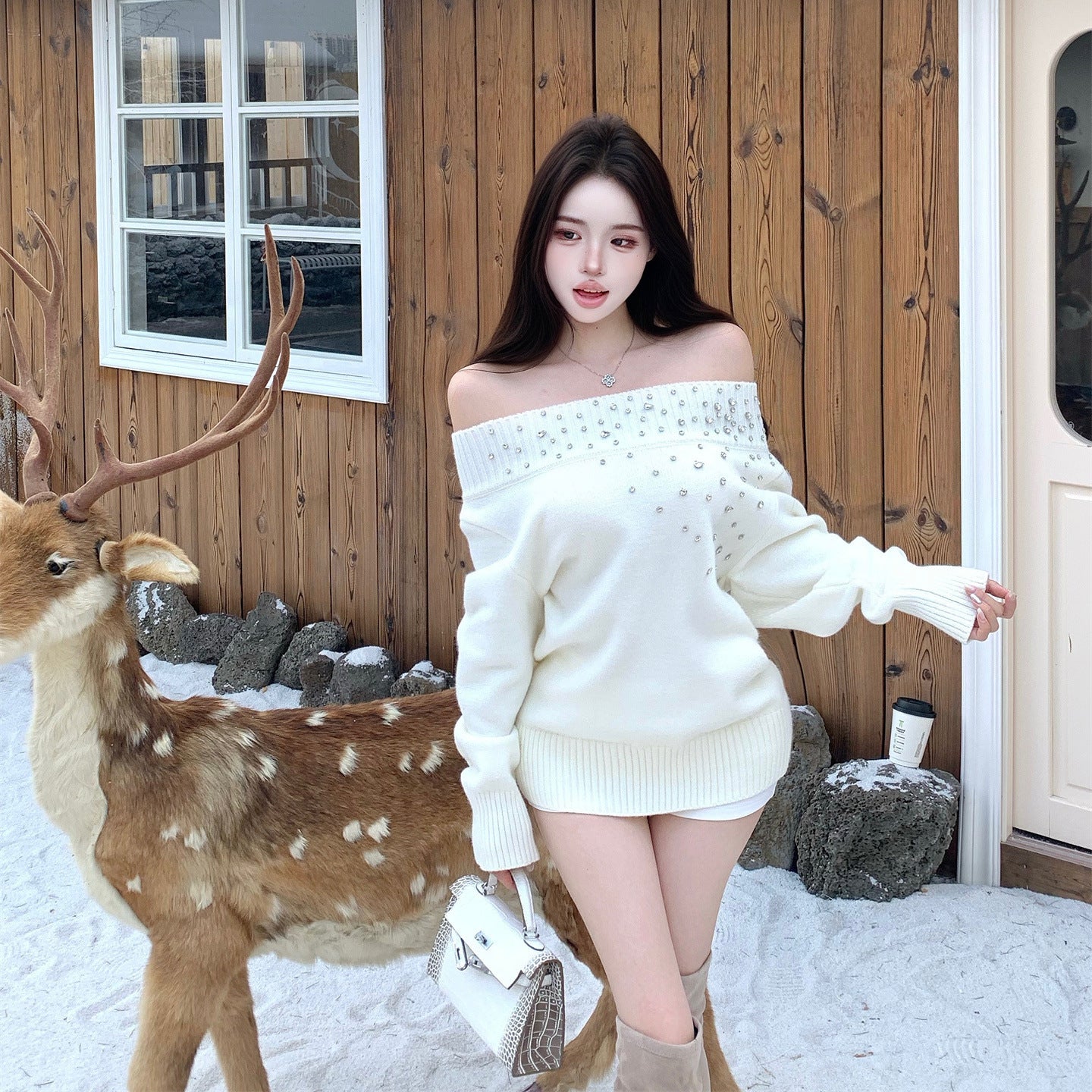 Heavily Embellished With Rhinestones Long-sleeved Pullover Sweater