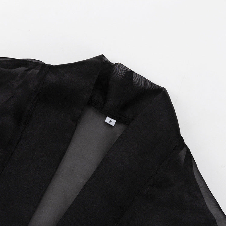 Black Sheer Puff Sleeve V-neck Tie-front Top