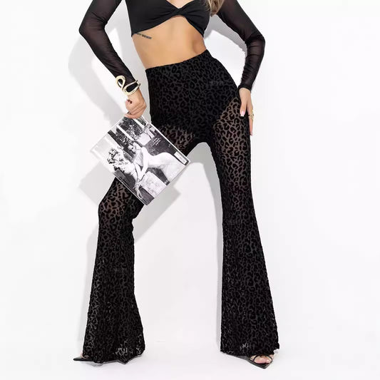 Women's Flocked Mesh High-Waisted Casual Pants