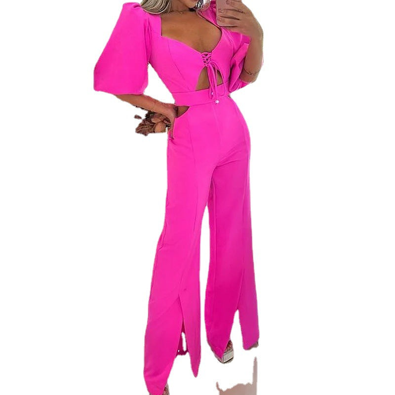 Summer Fashion V-neck Half Sleeves Midriff Outfit Loose Solid Color Jumpsuit