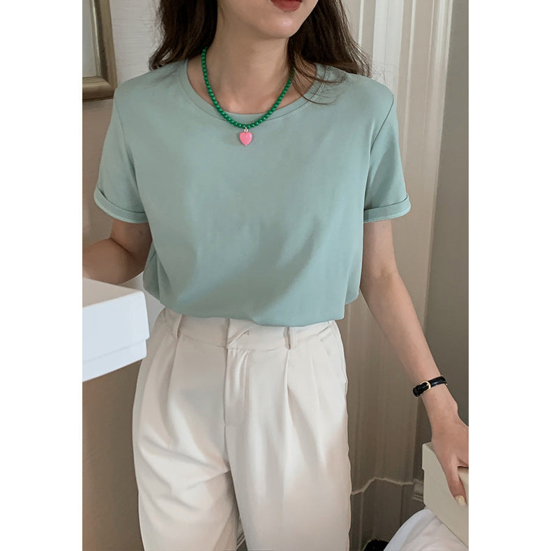 Women's Solid Color Round Neck Loose And Slim Short Sleeve T-shirt