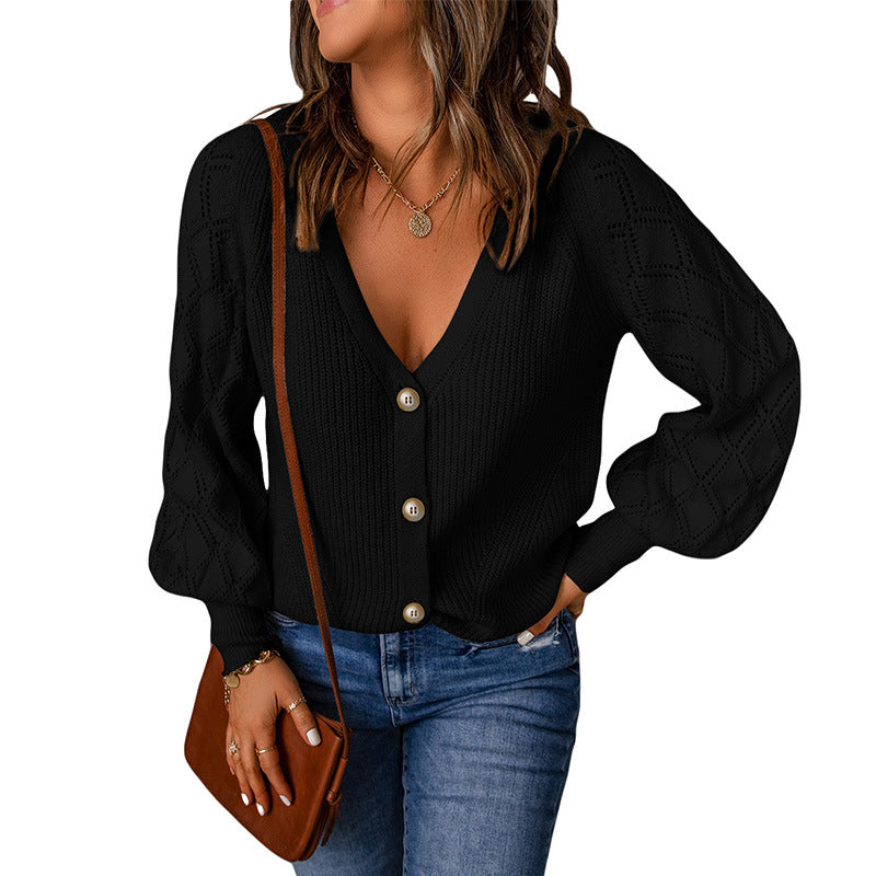 Women's Solid Color Rhombus Puff Sleeve Knitted Sweater Coat