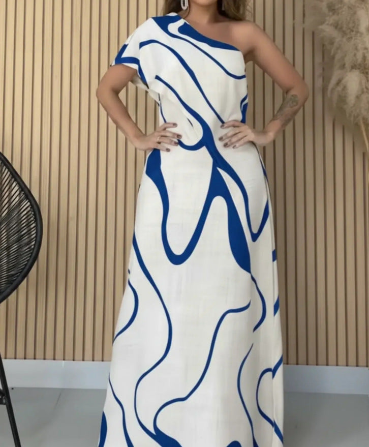 Printed Off-shoulder Chic And Elegant Figure-hugging Maxi Dress