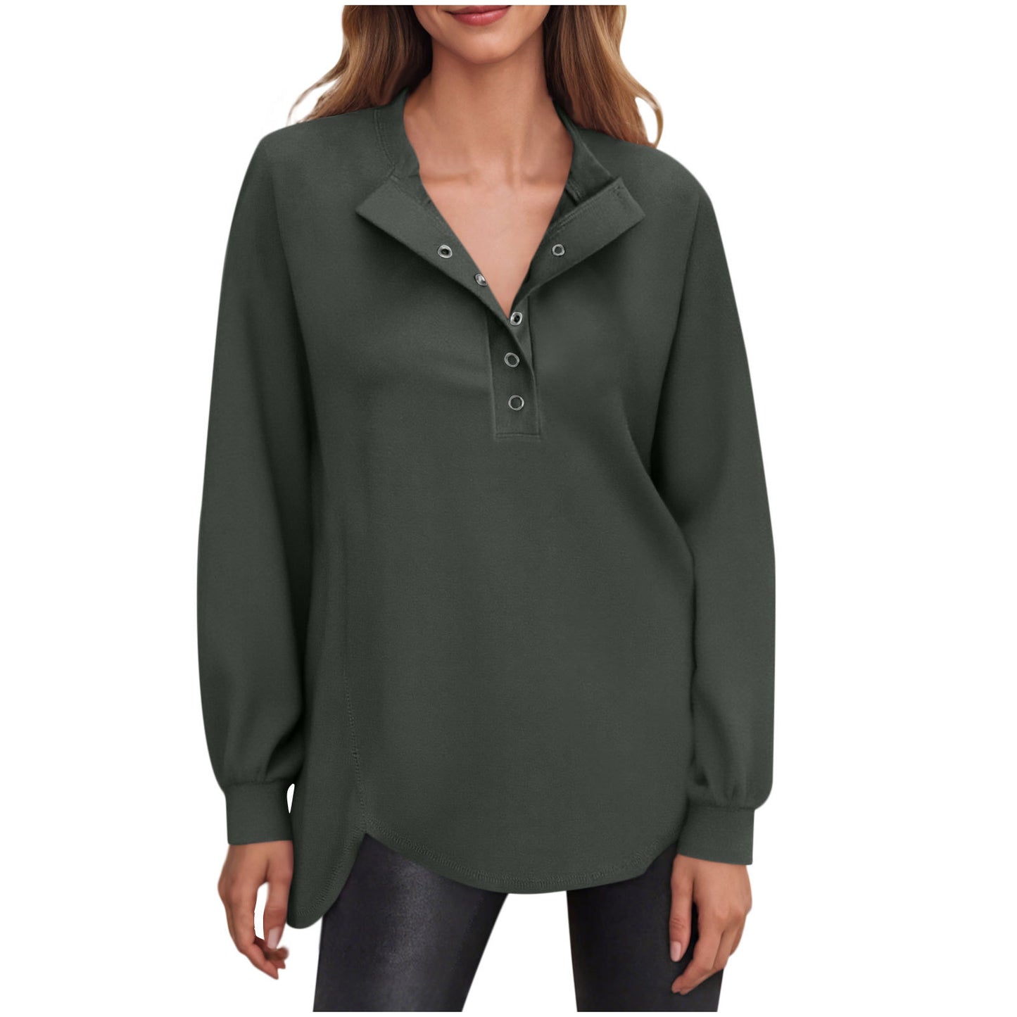 Dame Casual Ensfarvet Rund Hals Bluse med Knapper og Lange Ærmer