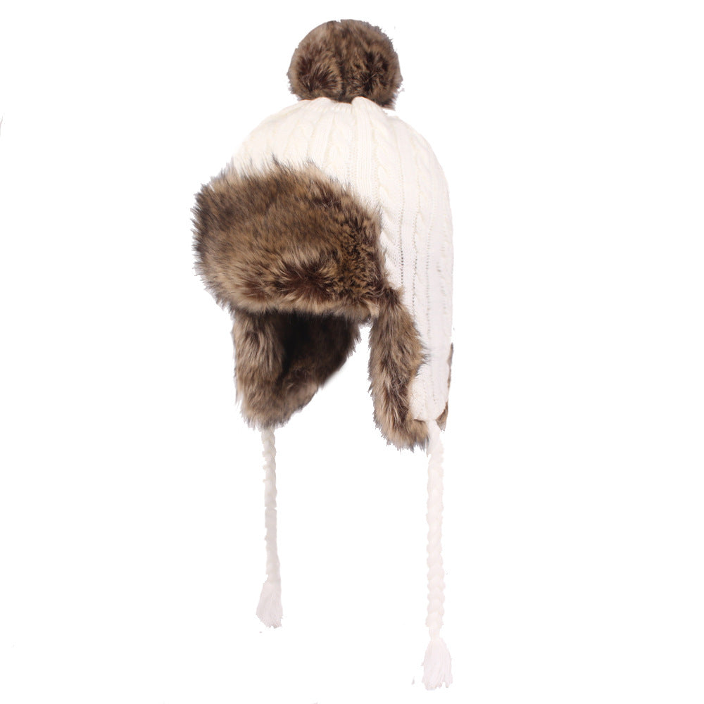 Ladies Rabbit Hair Ball Thread Hat Thickened Windproof Ear Protection