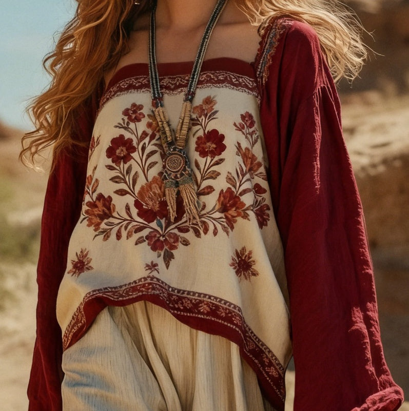 Bohemian Style Embroidered Color-blocked Loose Top For Women
