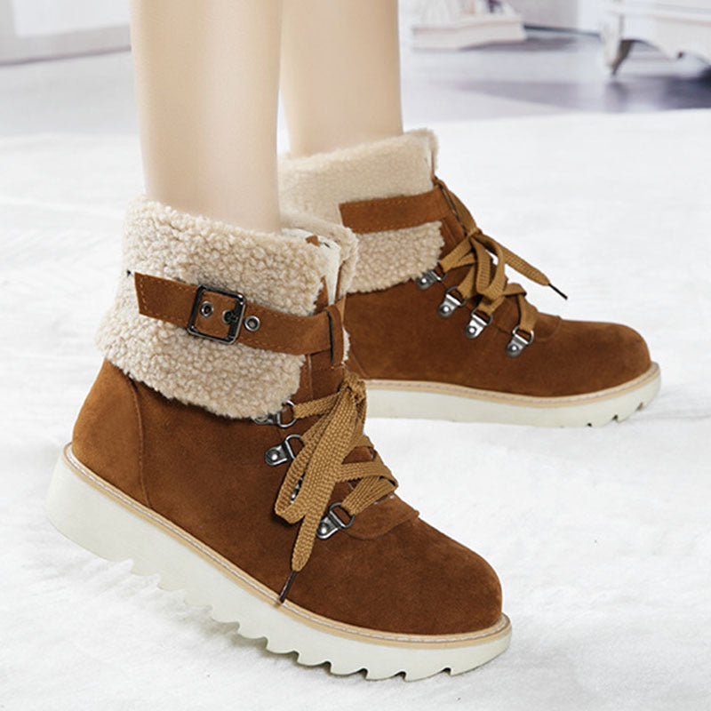 Women's Flanged Lace Belt Buckle Side Zipper Warm Snow Boots