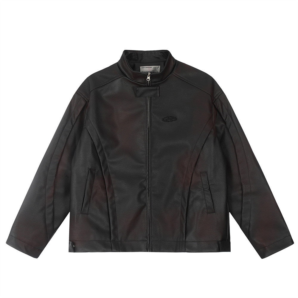 Design Sense Spray Paint Distressed Dirty Stand Collar PU Leather Jacket