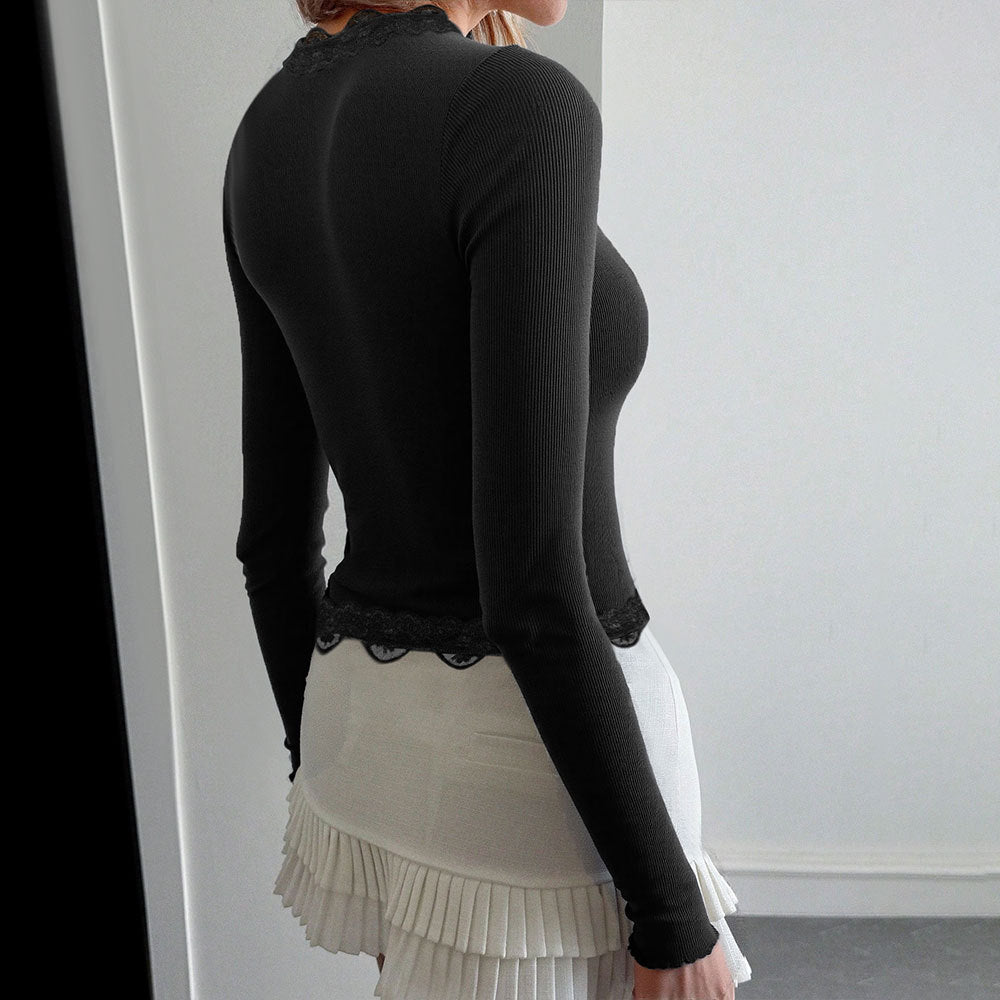 Women's Fashion Lace Ribbed Long Sleeve Shirt