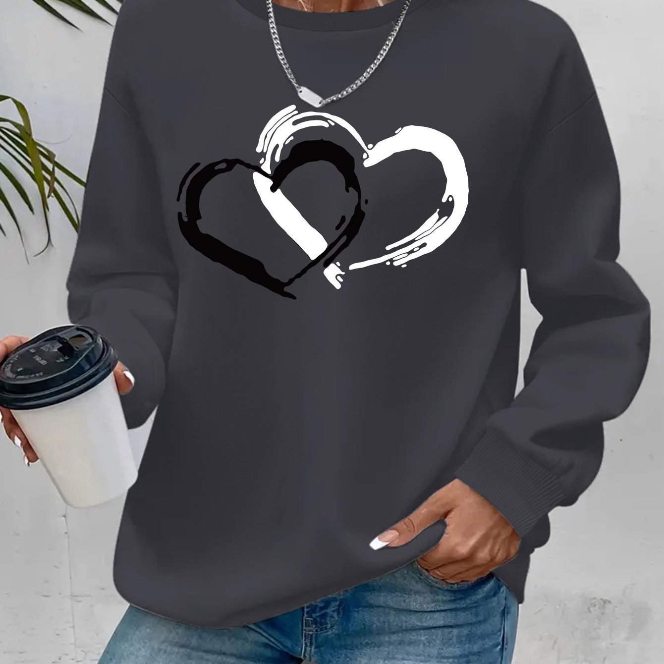 Hjerteprintet rundhalset afslappet sweatshirt dametøj
