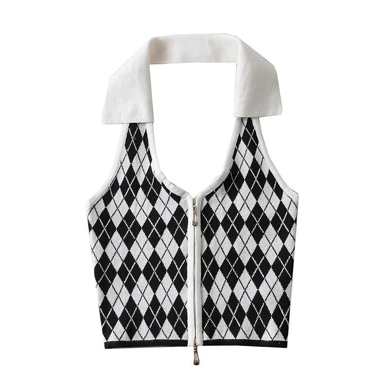 American Vintage Polo Neck Knitted Plaid Vest
