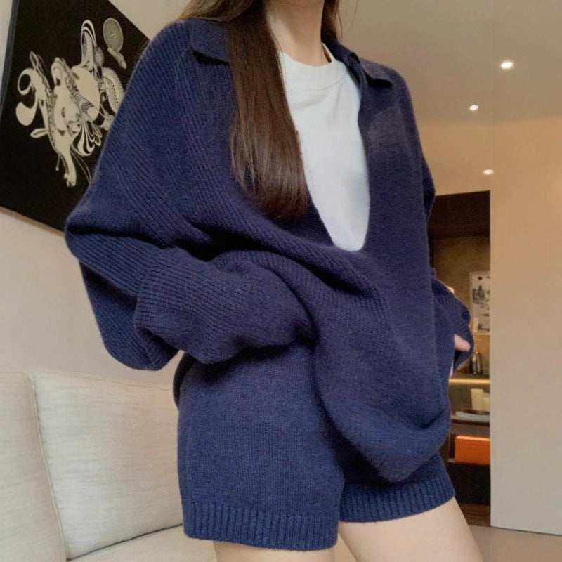 Dame V-hals Sweater Sæt Løs Sweater Shorts