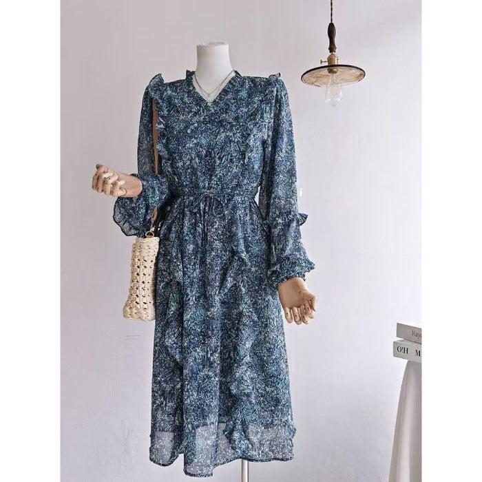 Women's Elegant V-neck Blue Floral Dress