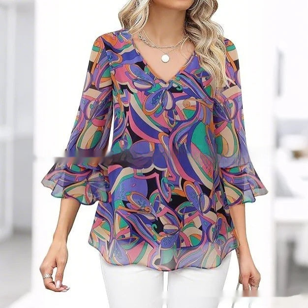 Women's Fashion Casual Top Pleated 34 Sleeve V
