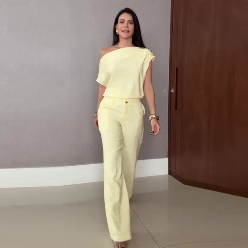 Womens Fashion Off-Shoulder Top And Simple Wide-Leg Pants Set