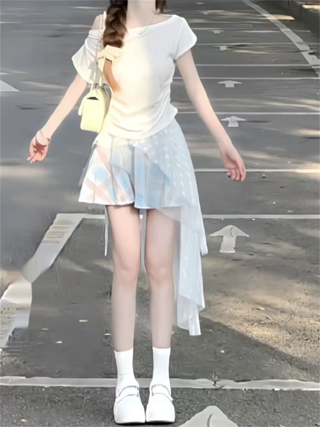Two-Piece Set Fairy-Like Plaid Mesh Asymmetrical Mini Skirt