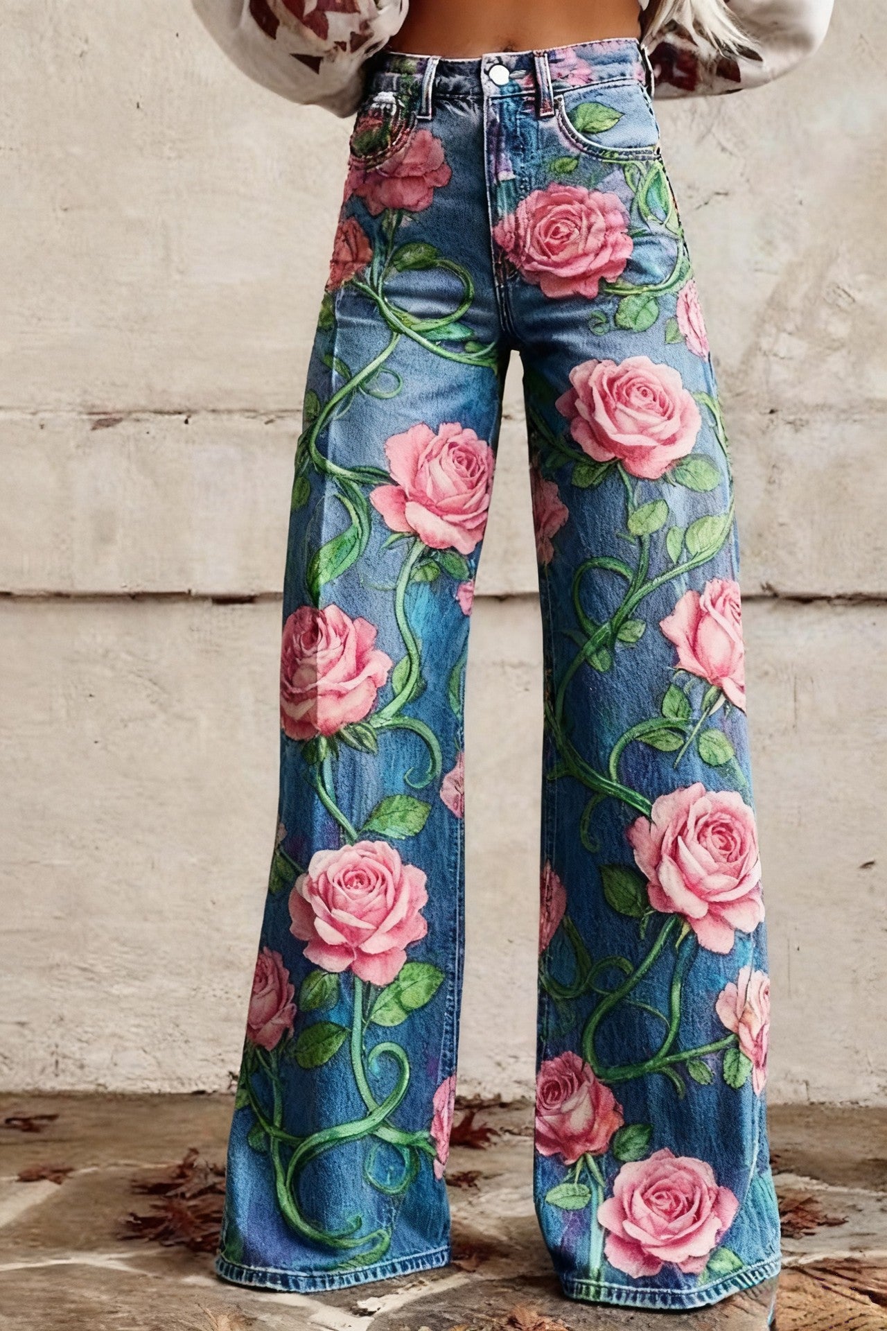 Floral-patterned Slim-fit Faux Denim Wide-leg Pants