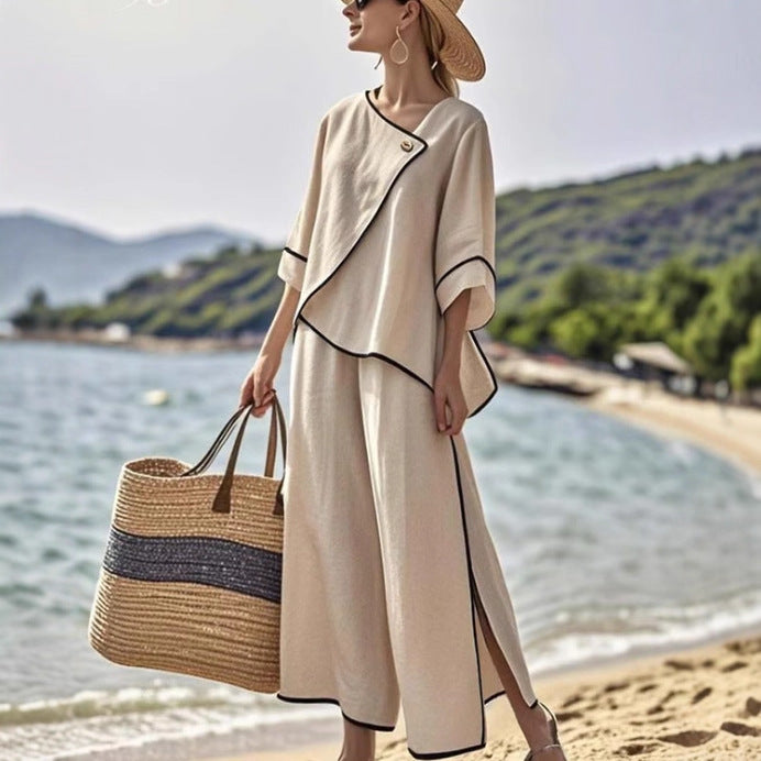 Womens Vacation-Ready Loose Striped Print Wide-Leg Pants Set