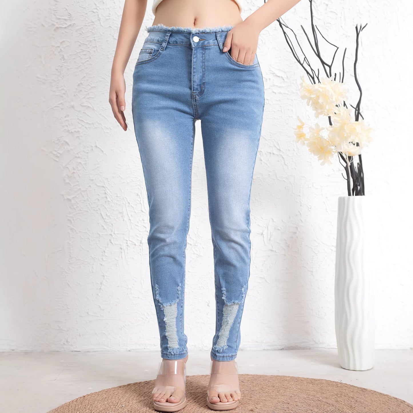 Retro Ripped Stretchjeans med Flossede Kanter