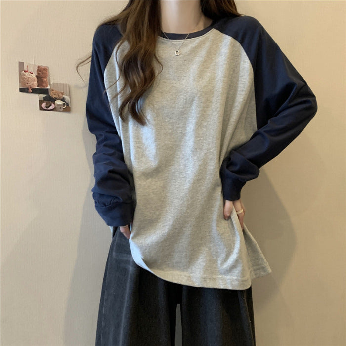 Loose Long Sleeve Women's Color-blocked Raglan Round Neck