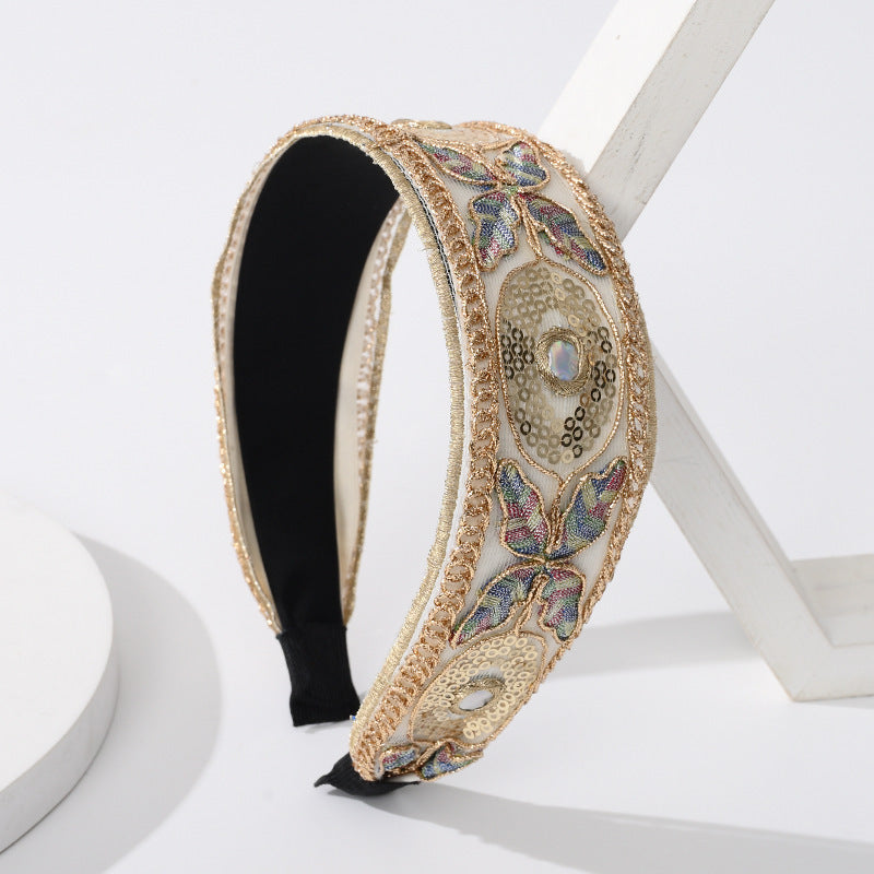 Vintage Butterfly Sequins Hair Band Wide Edge Wild Flowers