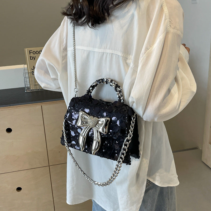 Women's Fashionable Sequins Shoulder Chain Bow Small Square Bag