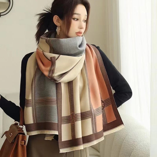 Koreansk stil kontrastfarve kunstig cashmere-tørklæde damer nyt vinter