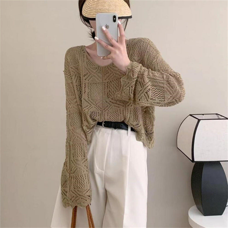 Summer New V-neck Hollowed Fashion Loose Sun-protection Shirt